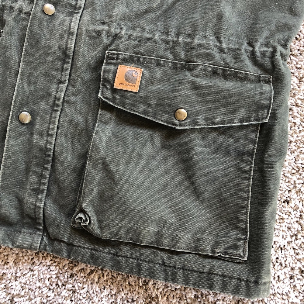 Carhartt Olive Green Canvas Barn Coat with Brown Corduroy Collar - Picture 4 of 12